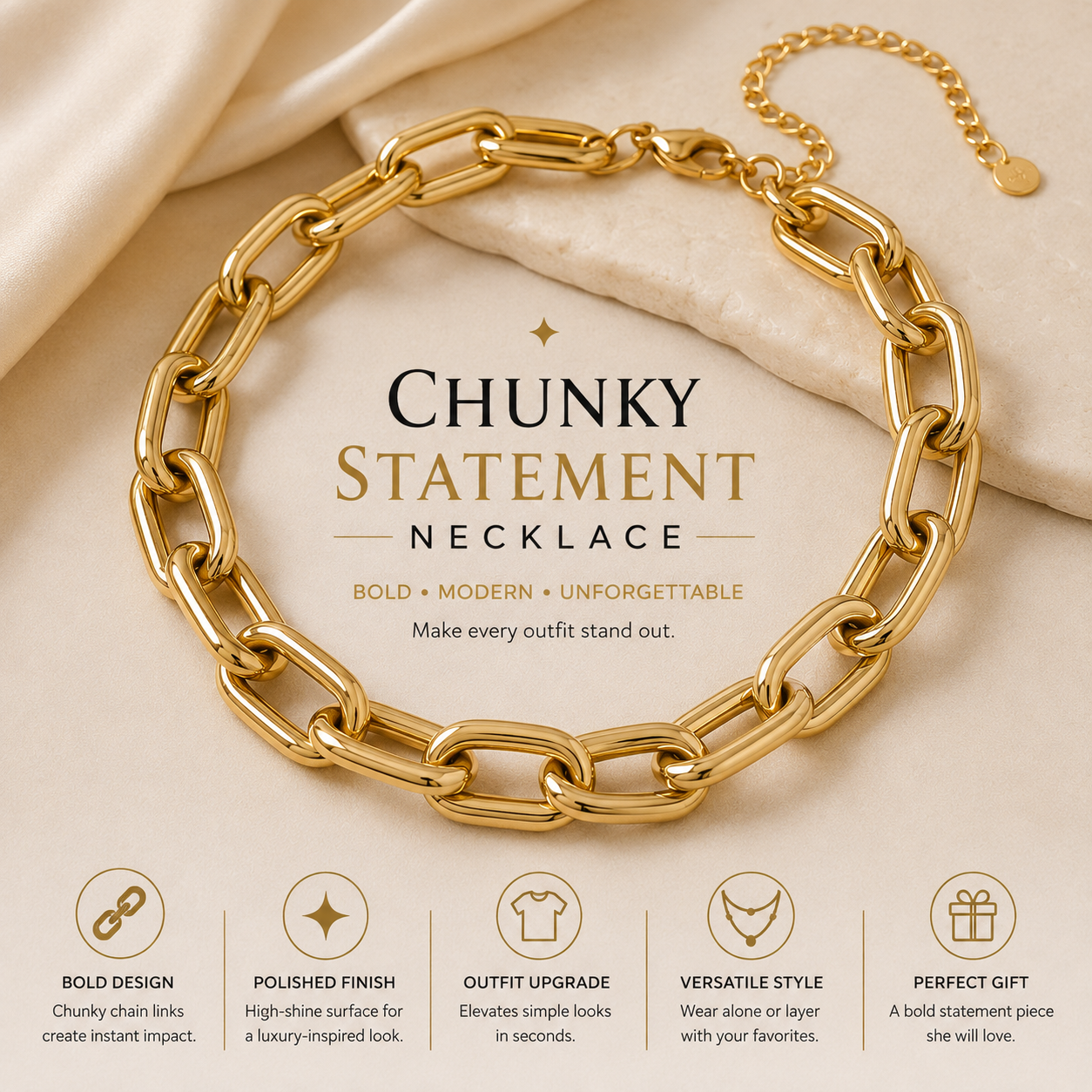 Chunky Statement Necklace – Bold Fashion Chain Necklace for Women Trendy Luxury-Inspired Jewelry