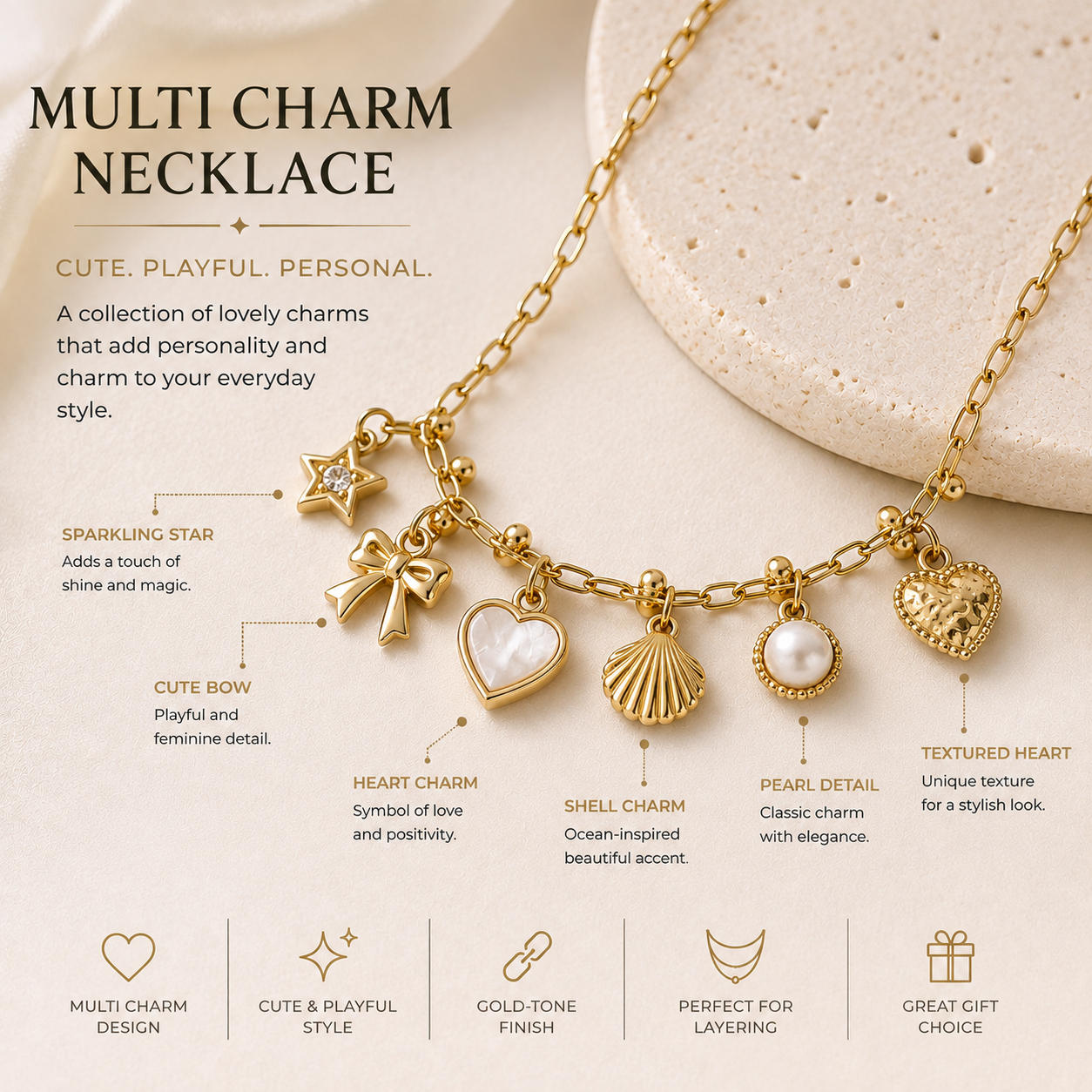 Charm Necklace – Cute Gold Multi Charm Pendant Necklace for Women Trendy Personalized Fashion Jewelry