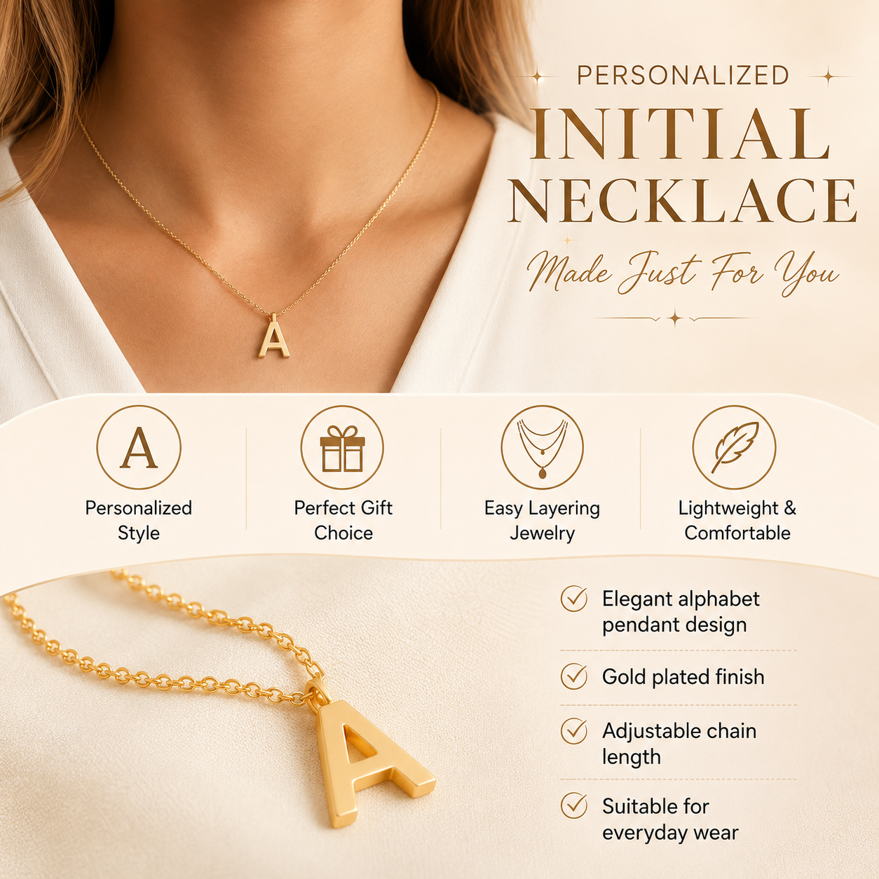 Personalized Initial Letter Necklace – Minimalist Gold Plated Alphabet Pendant Necklace for Women