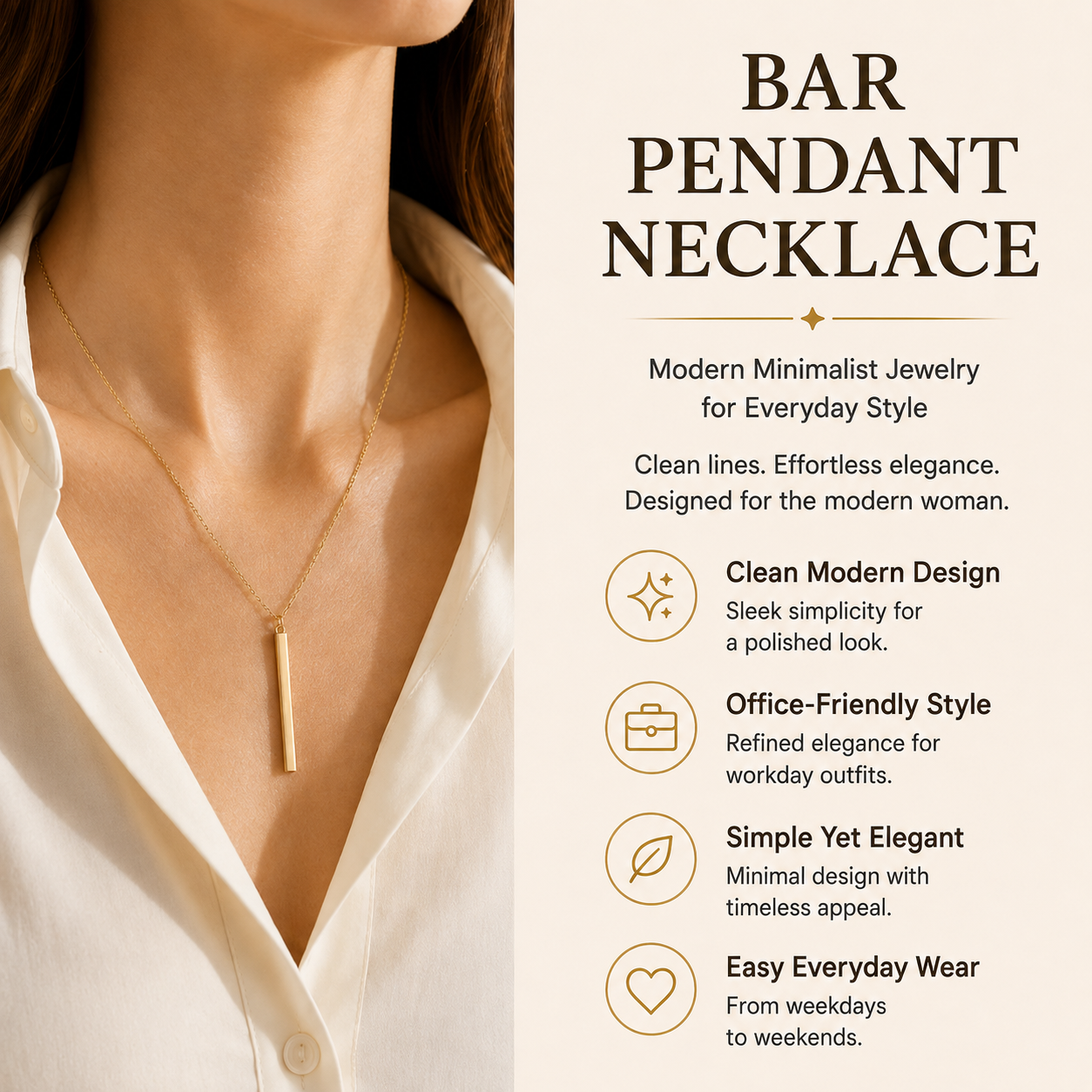 Bar Pendant Necklace – Modern Minimalist Gold-Tone Necklace for Women Everyday & Office Jewelry