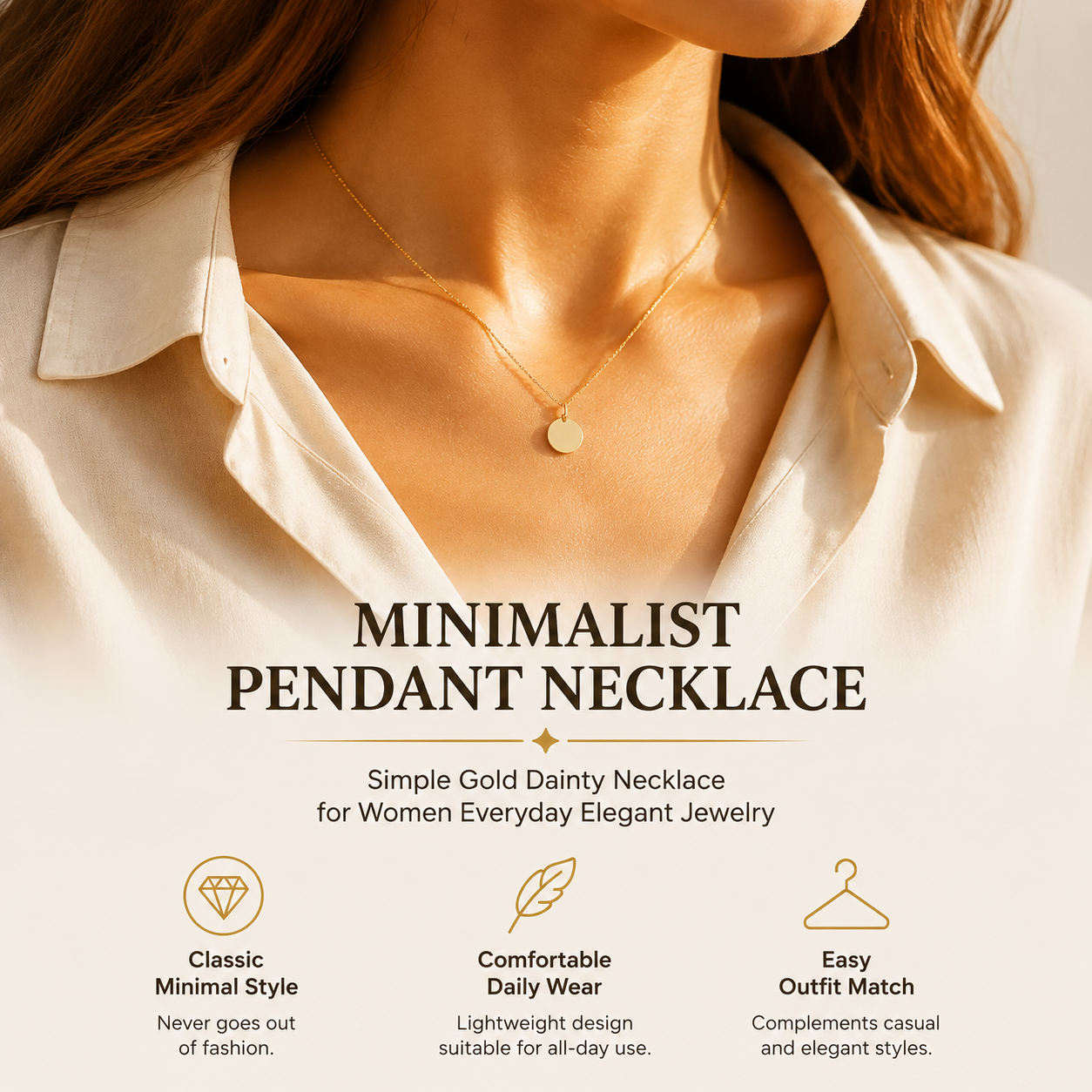 Minimalist Pendant Necklace – Simple Gold Dainty Necklace for Women Everyday Elegant Jewelry