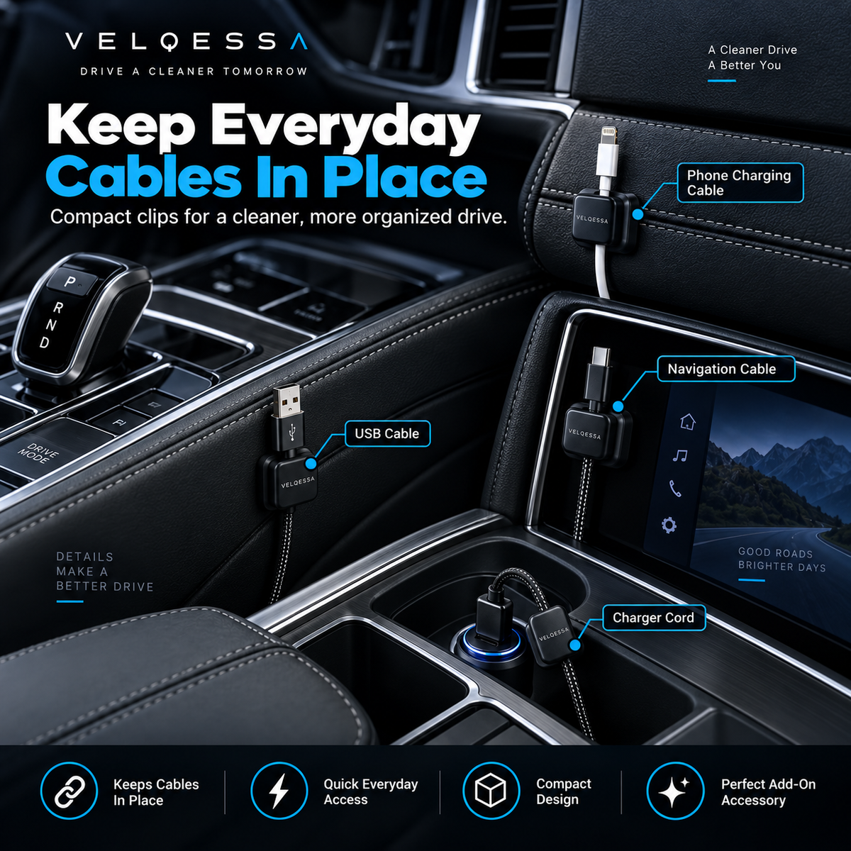 Car Cable Organizer Clips – Compact Cord Management Holders for Charging Cables & Car Interior Organization