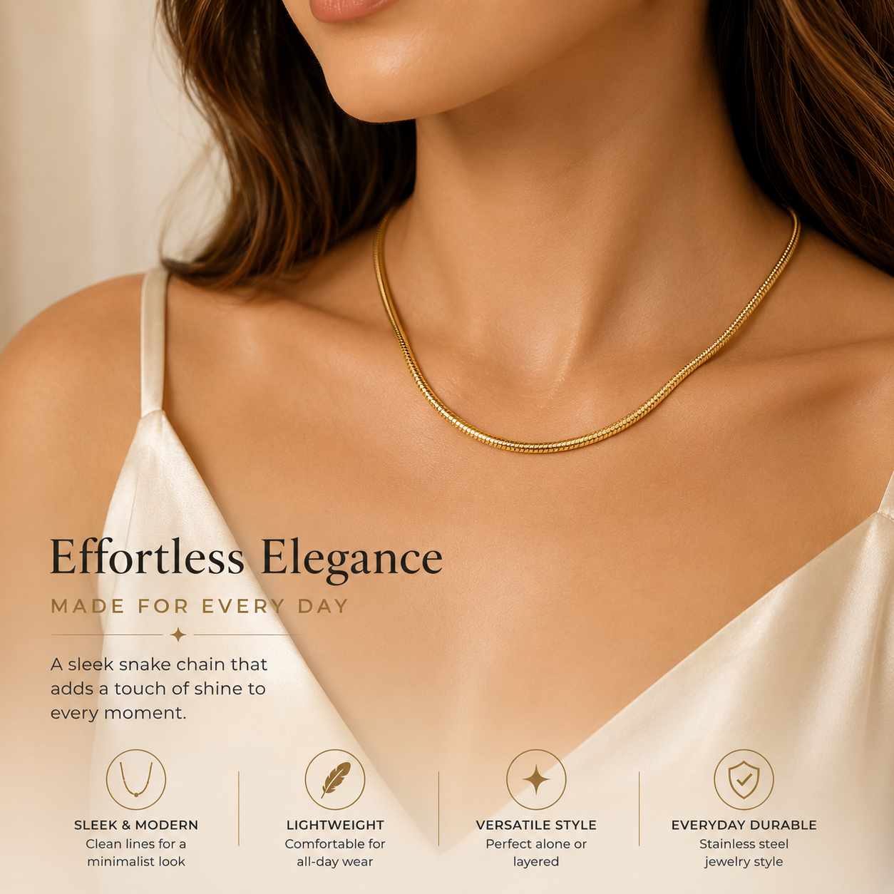 Snake Chain Necklace – Elegant Gold Stainless Steel Necklace for Women Modern Minimalist Everyday Jewelry