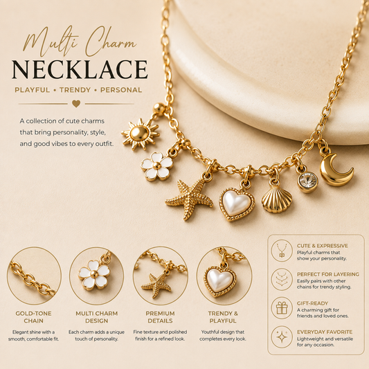 Charm Necklace – Cute Gold Multi Charm Pendant Necklace for Women Trendy Personalized Fashion Jewelry