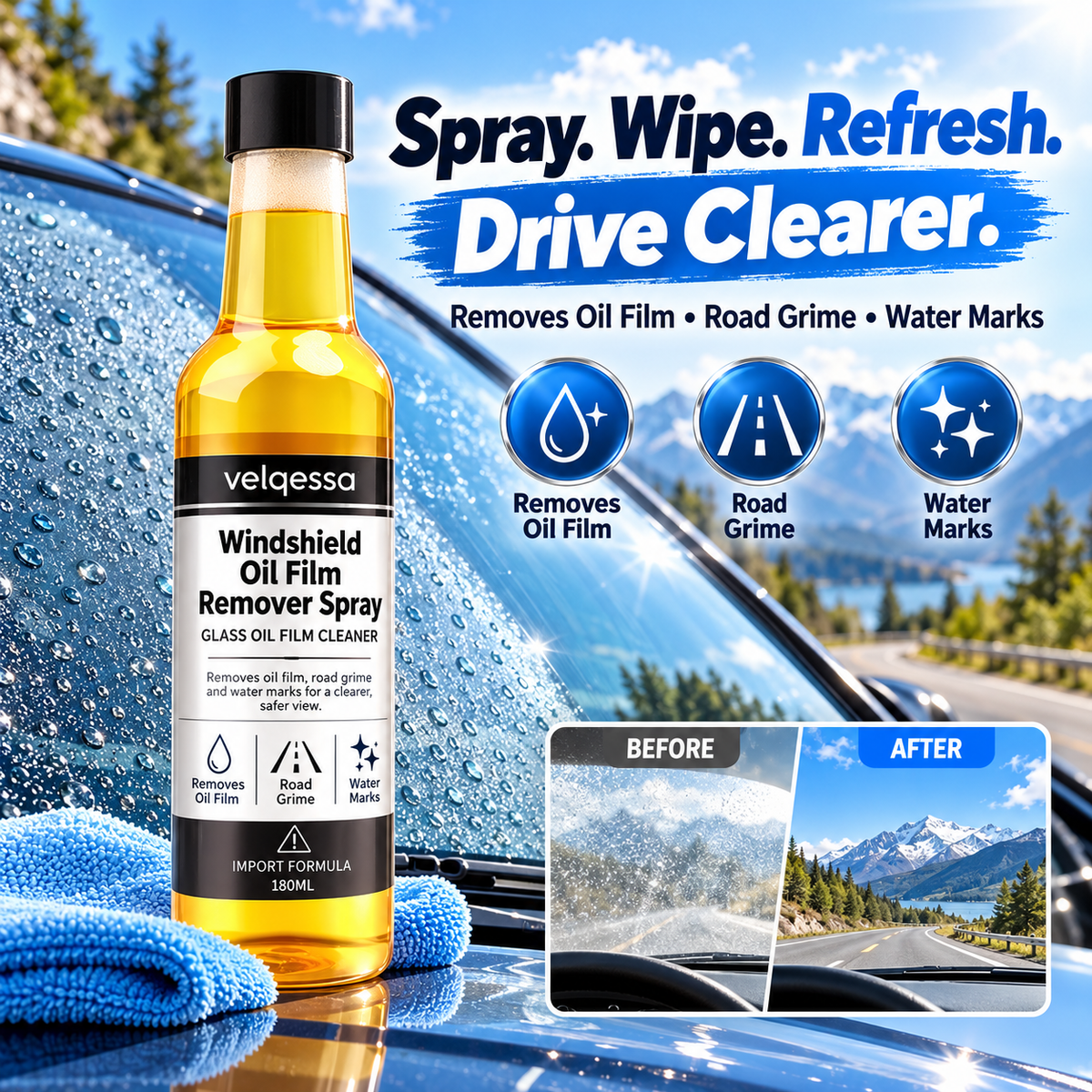 Windshield Oil Film Remover Spray – Fast Glass Cleaner for Clearer Driving Visibility