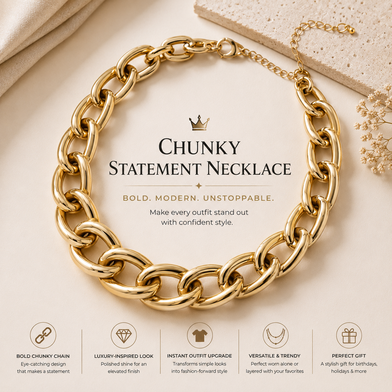 Chunky Statement Necklace – Bold Fashion Chain Necklace for Women Trendy Luxury-Inspired Jewelry