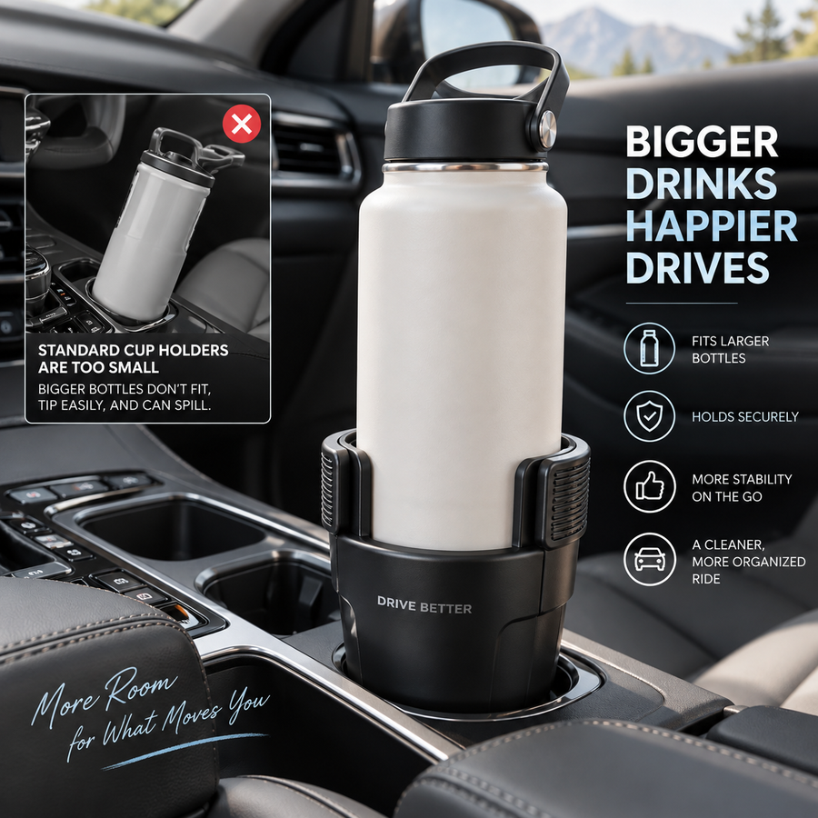 Car Cup Holder Expander – Adjustable Large Bottle & Tumbler Adapter for Travel Mugs, Water Bottles & Everyday Driving