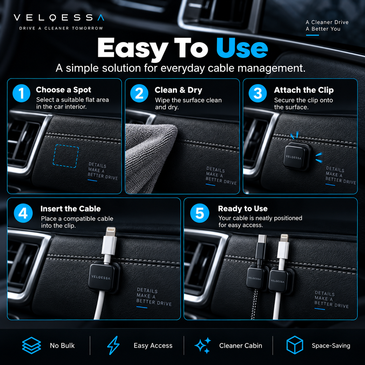 Car Cable Organizer Clips – Compact Cord Management Holders for Charging Cables & Car Interior Organization