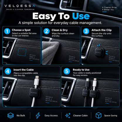 Car Cable Organizer Clips – Compact Cord Management Holders for Charging Cables & Car Interior Organization