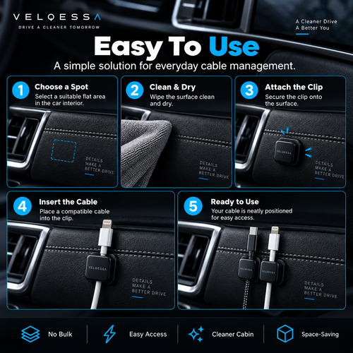 Car Cable Organizer Clips – Compact Cord Management Holders for Charging Cables & Car Interior Organization